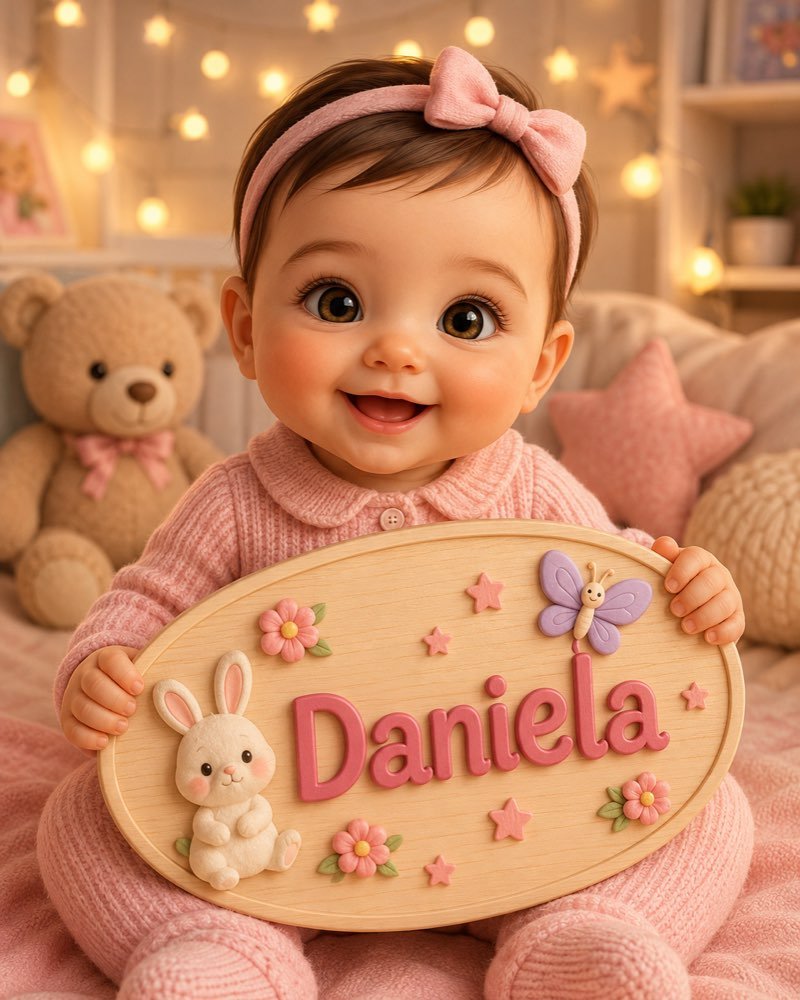 Ilustração de bebê segurando plaquinha com o nome Daniela