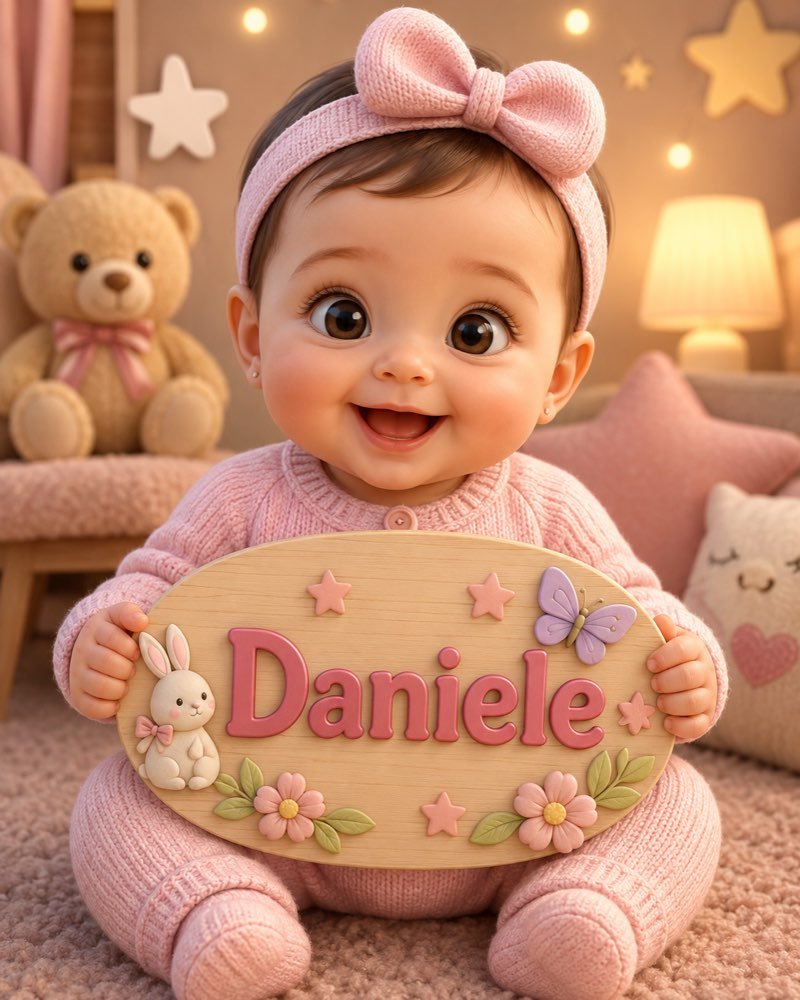 Ilustração de bebê segurando plaquinha com o nome Daniele