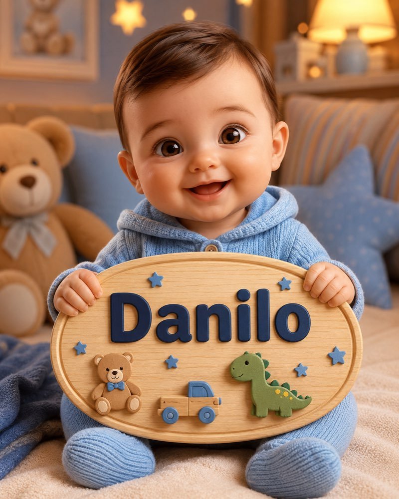 Ilustração de bebê segurando plaquinha com o nome Danilo
