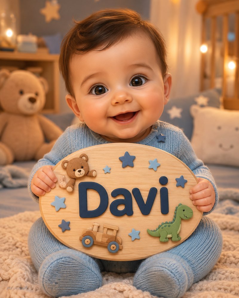Ilustração de bebê segurando plaquinha com o nome Davi