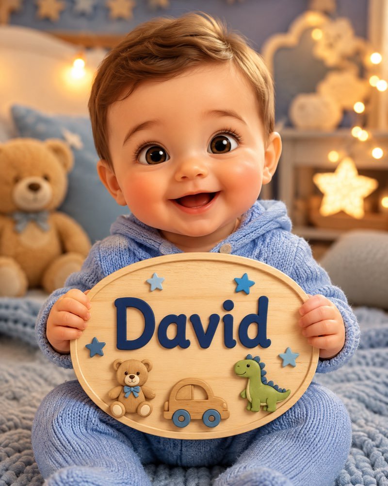 Ilustração de bebê segurando plaquinha com o nome David