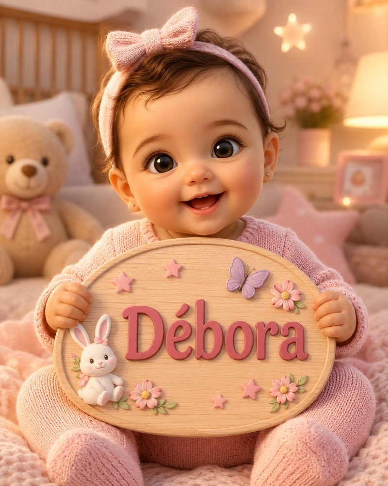 Ilustração de bebê segurando plaquinha com o nome Débora