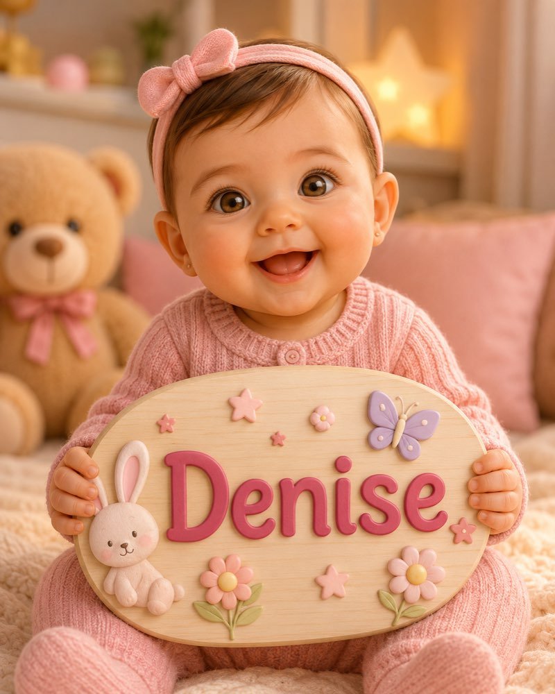 Ilustração de bebê segurando plaquinha com o nome Denise