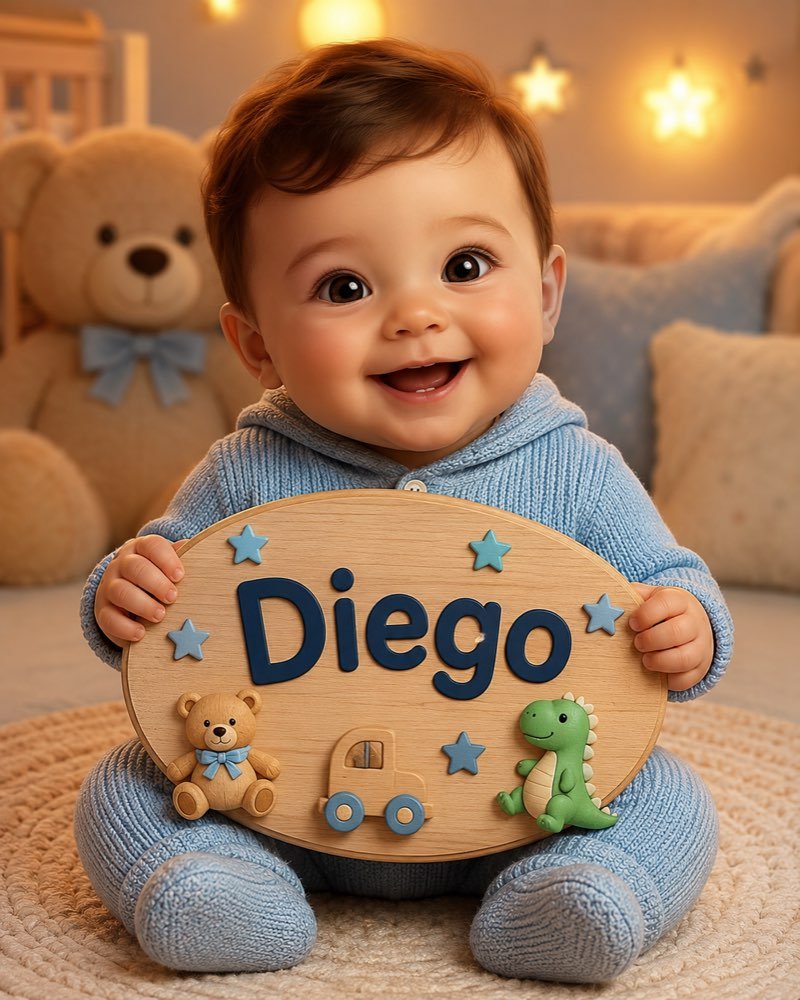 Ilustração de bebê segurando plaquinha com o nome Diego
