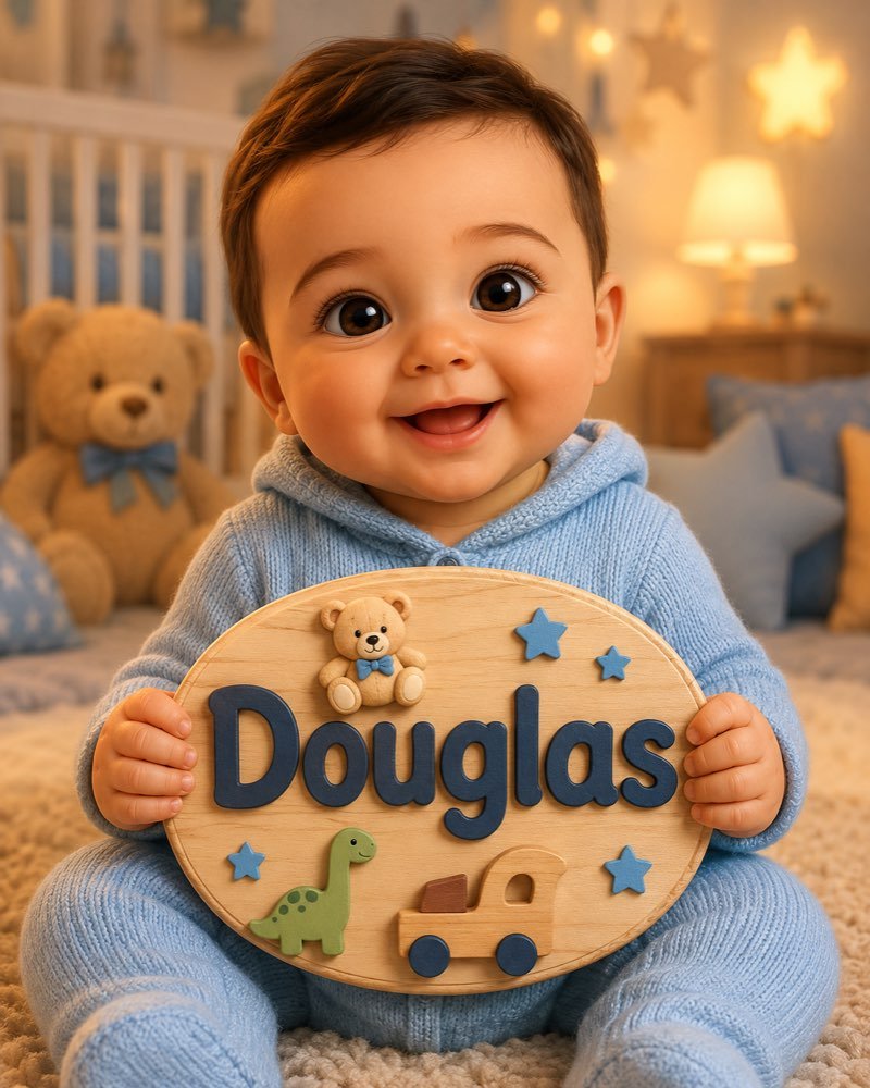 Ilustração de bebê segurando plaquinha com o nome Douglas