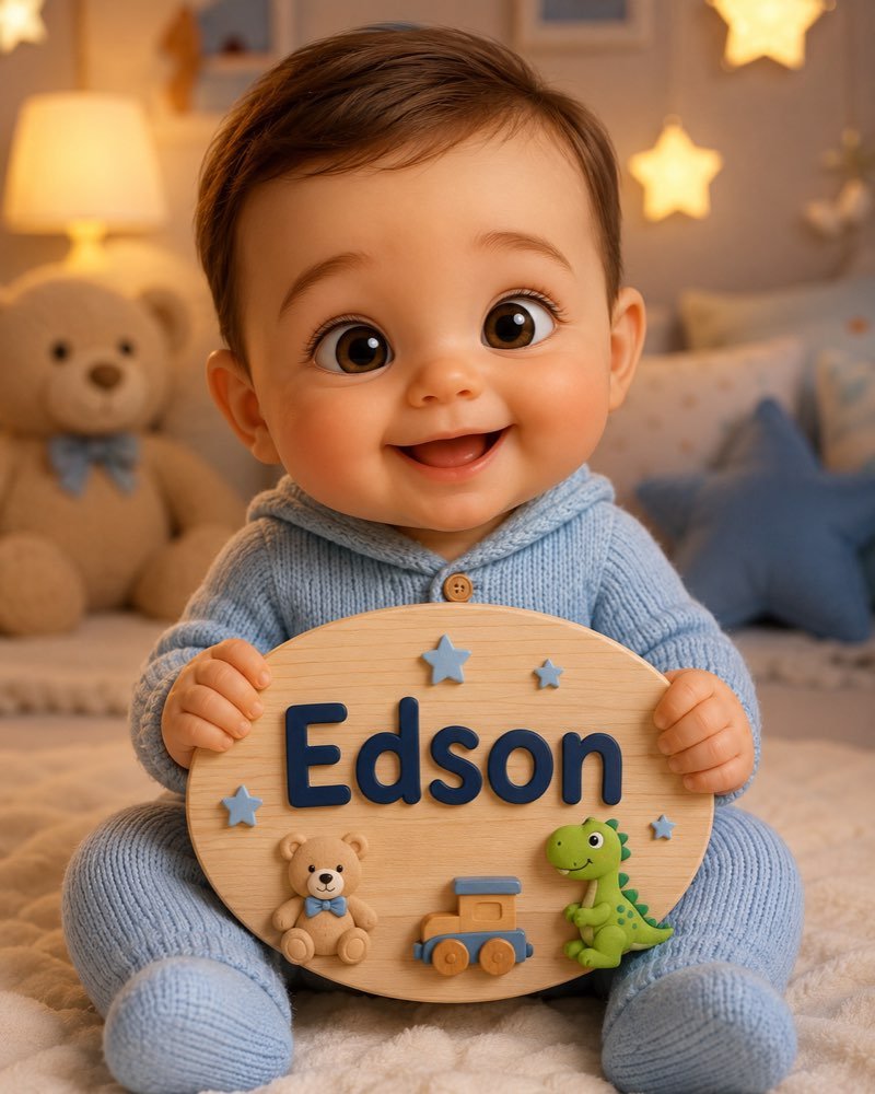 Ilustração de bebê segurando plaquinha com o nome Edson
