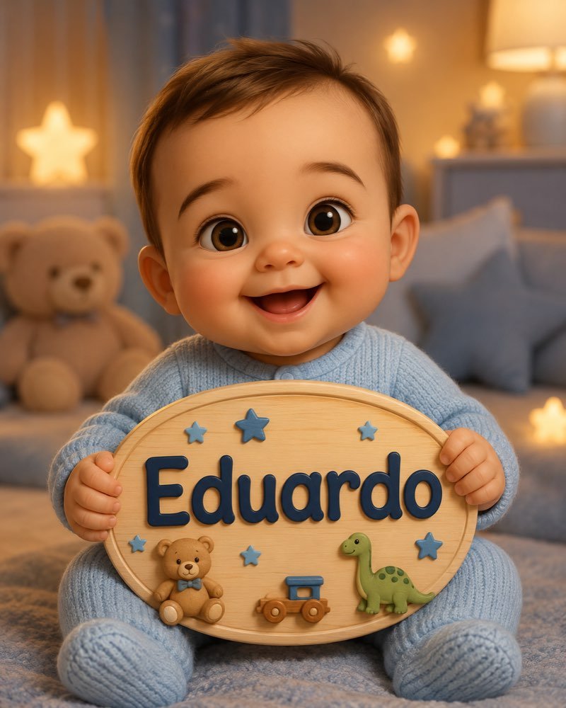 Ilustração de bebê segurando plaquinha com o nome Eduardo