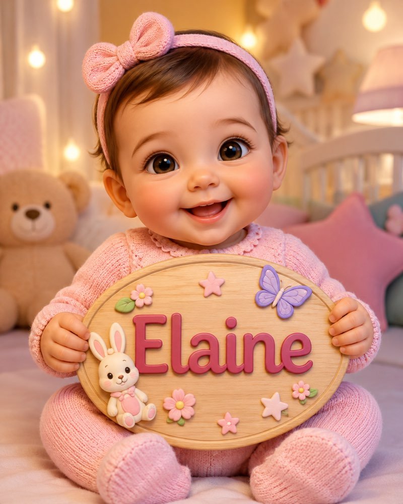 Ilustração de bebê segurando plaquinha com o nome Elaine