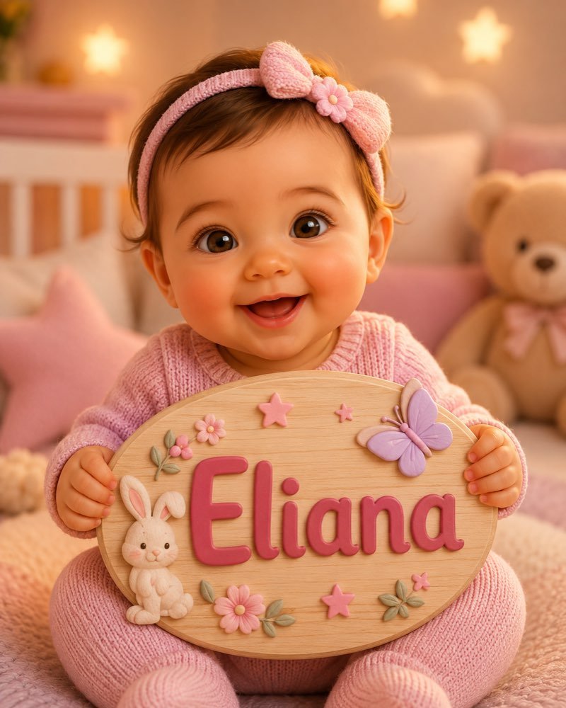 Ilustração de bebê segurando plaquinha com o nome Eliana