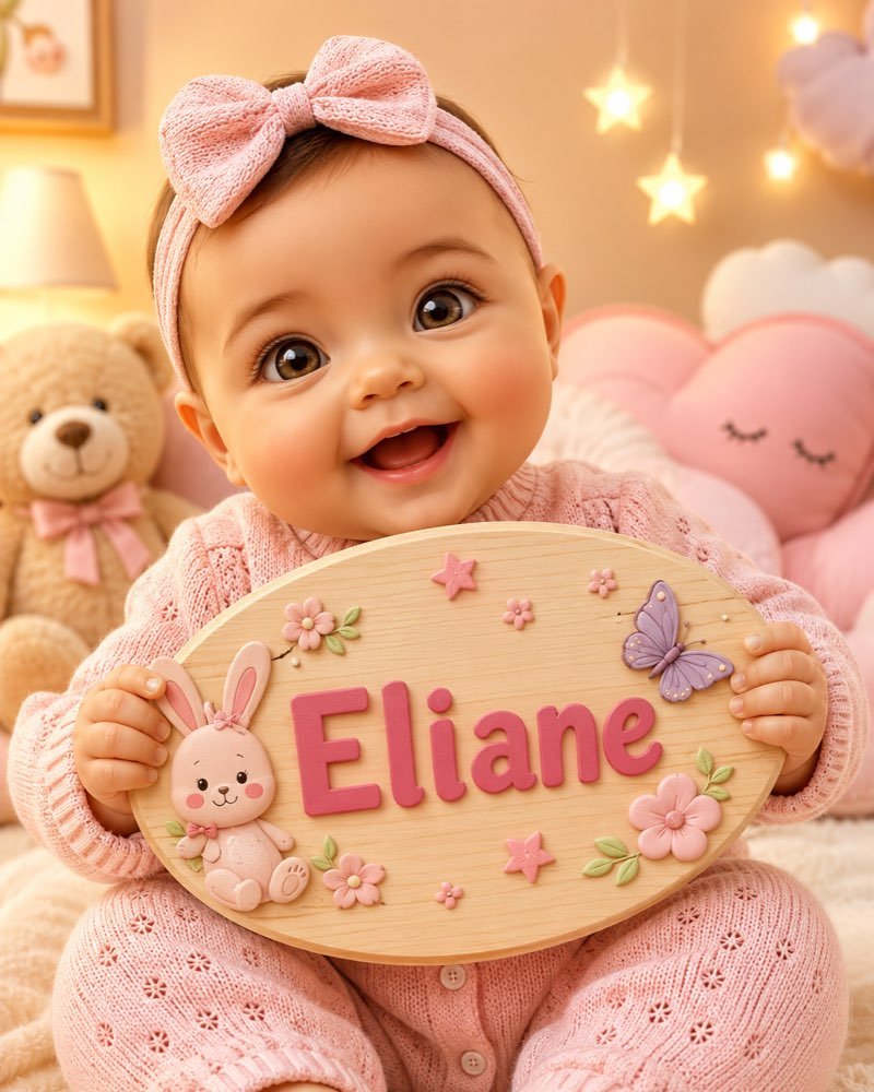 Ilustração de bebê segurando plaquinha com o nome Eliane