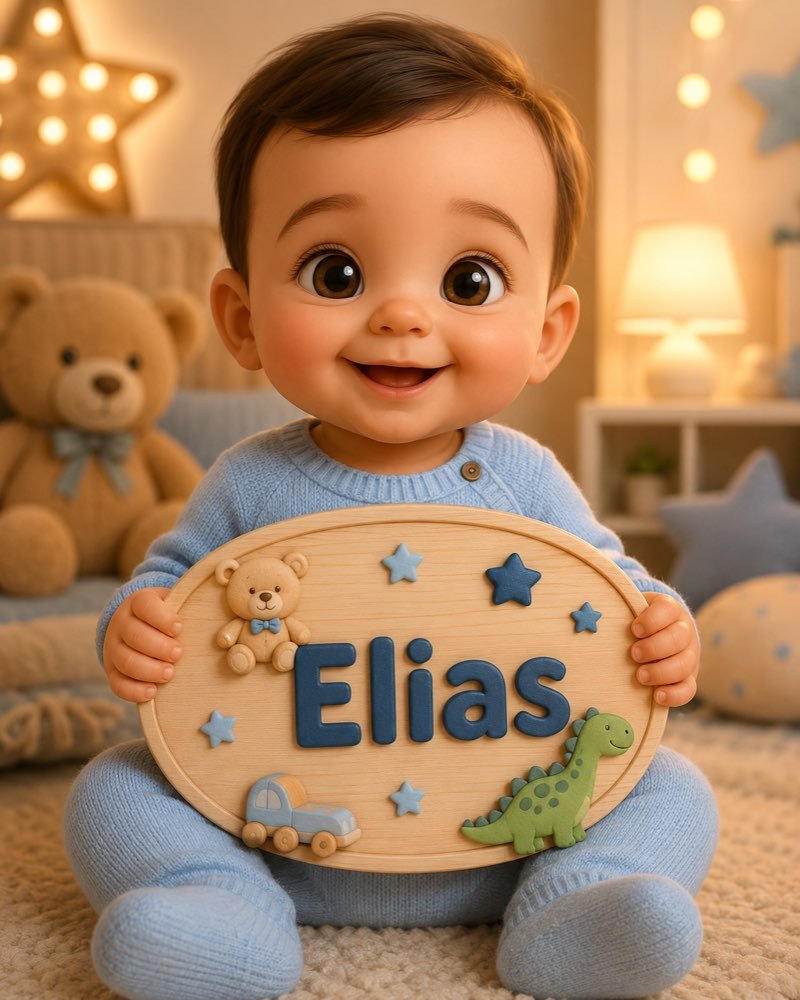 Ilustração de bebê segurando plaquinha com o nome Elias