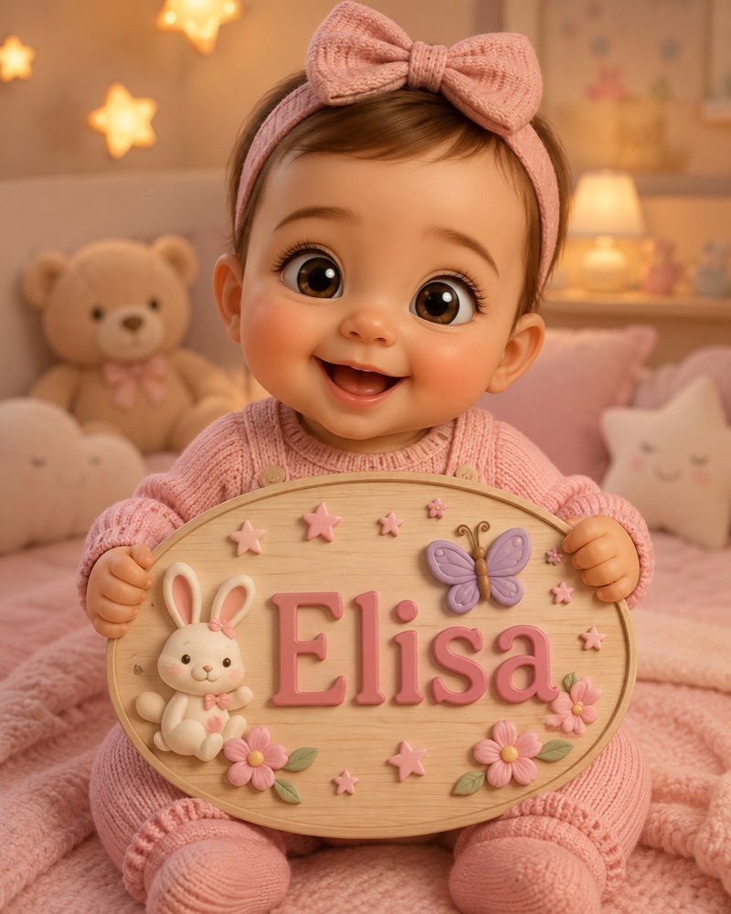 Ilustração de bebê segurando plaquinha com o nome Elisa