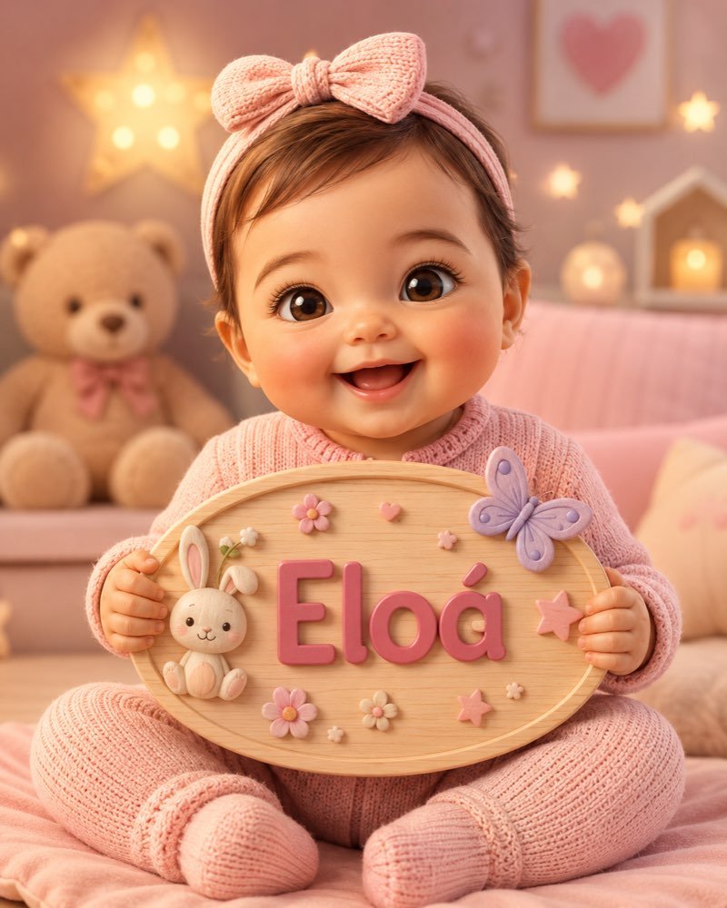 Ilustração de bebê segurando plaquinha com o nome Eloá