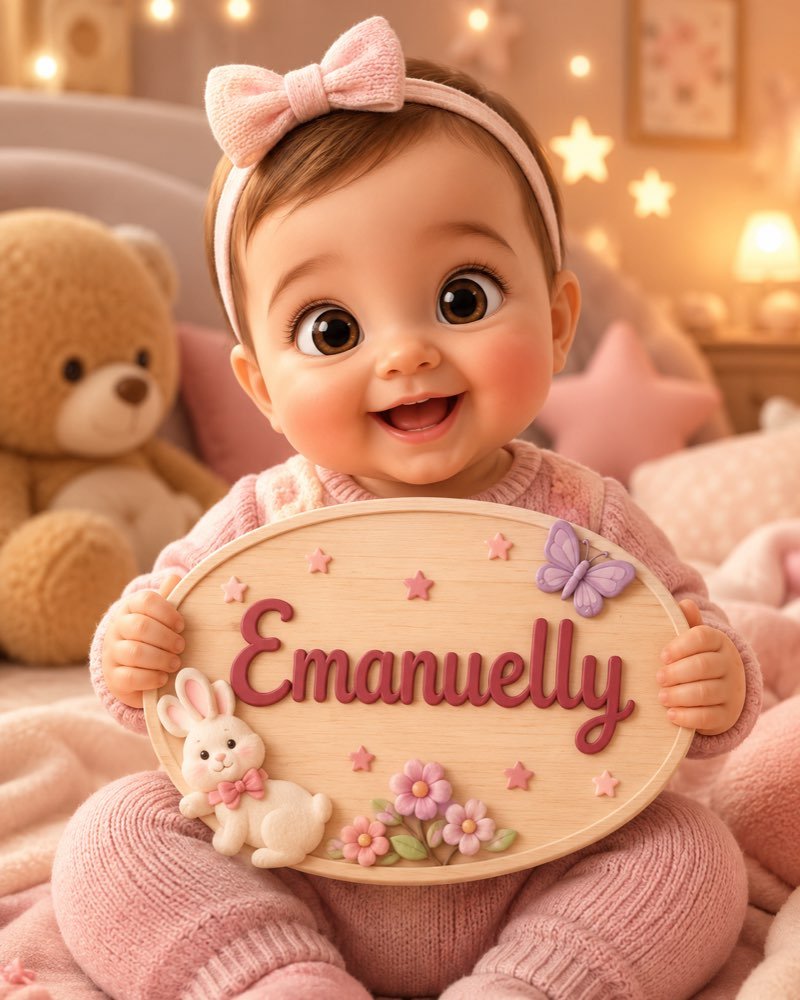 Ilustração de bebê segurando plaquinha com o nome Emanuelly