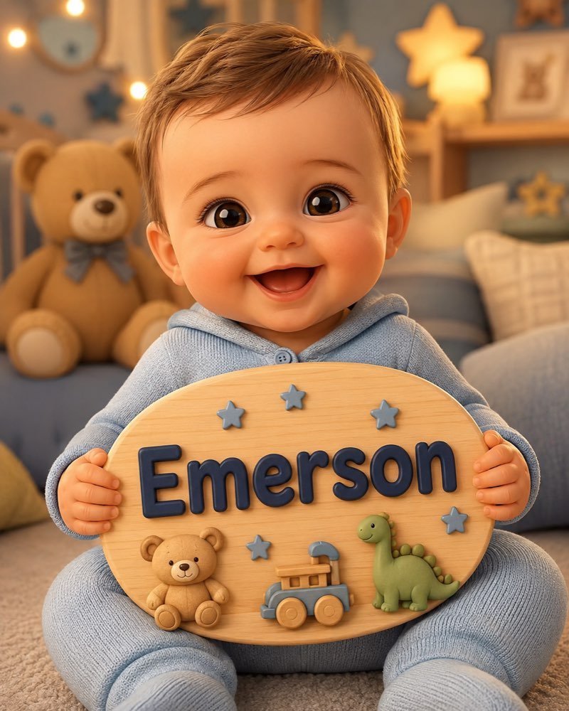 Ilustração de bebê segurando plaquinha com o nome Emerson