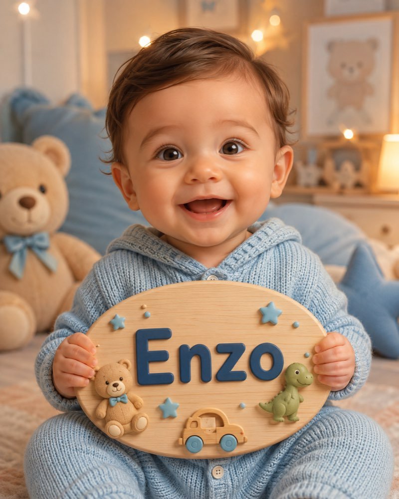 Ilustração de bebê segurando plaquinha com o nome Enzo
