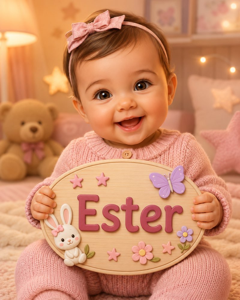 Ilustração de bebê segurando plaquinha com o nome Ester