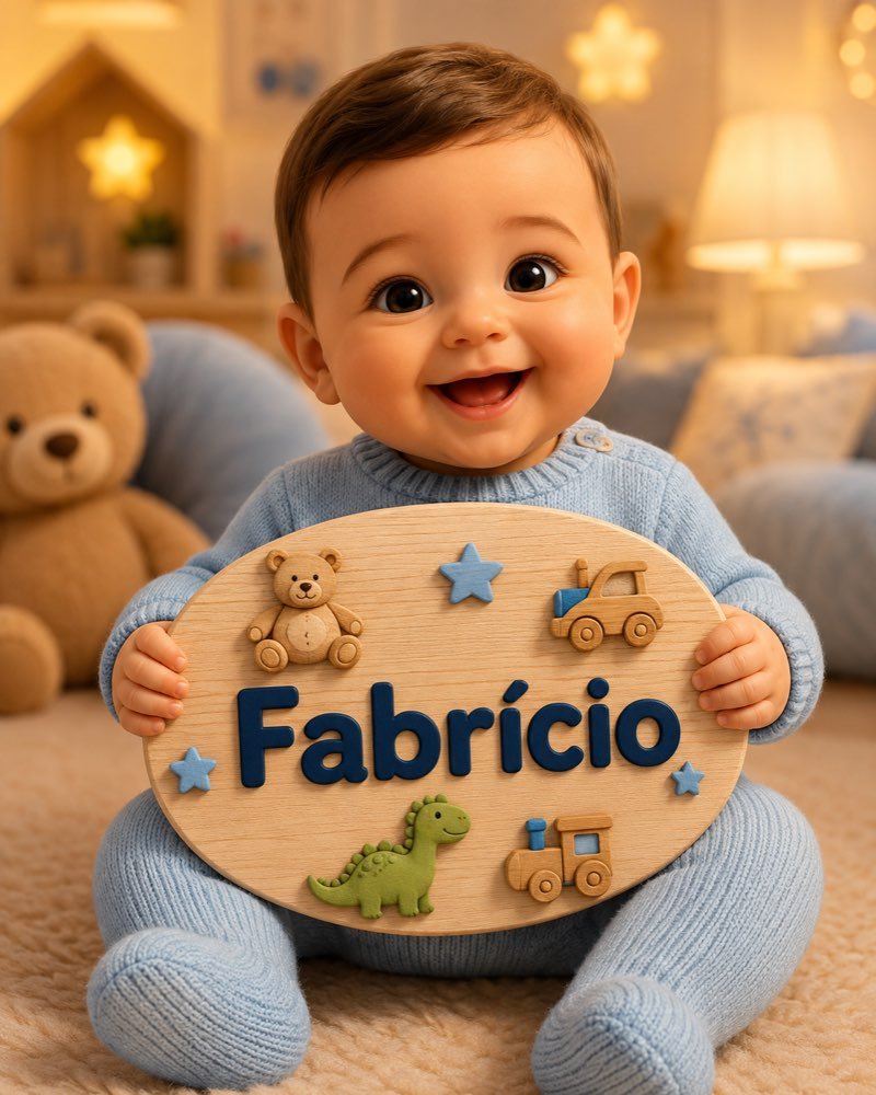 Ilustração de bebê segurando plaquinha com o nome Fabrício