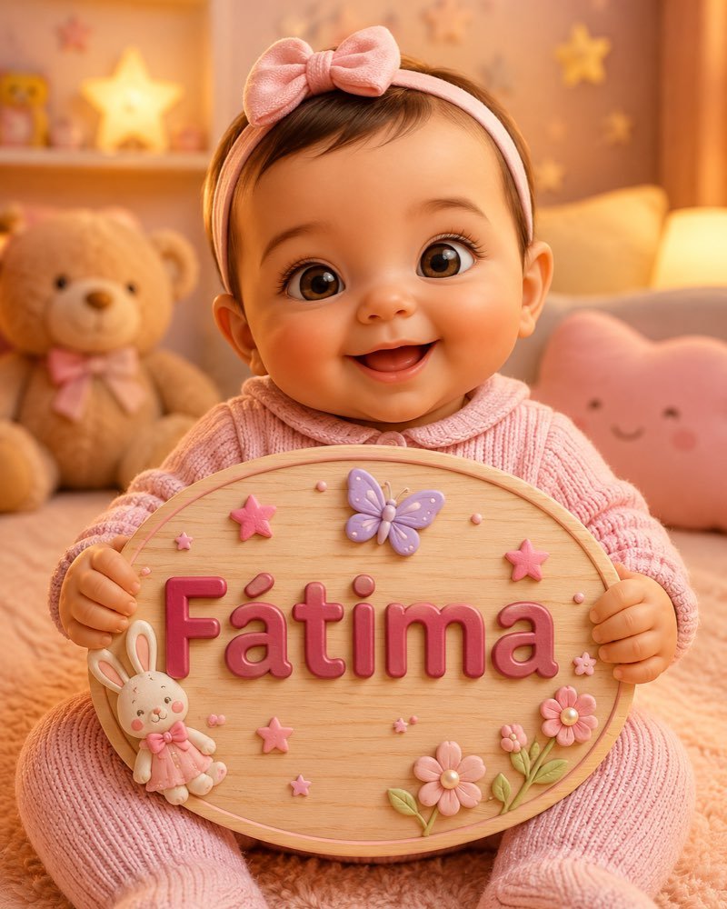 Ilustração de bebê segurando plaquinha com o nome Fátima