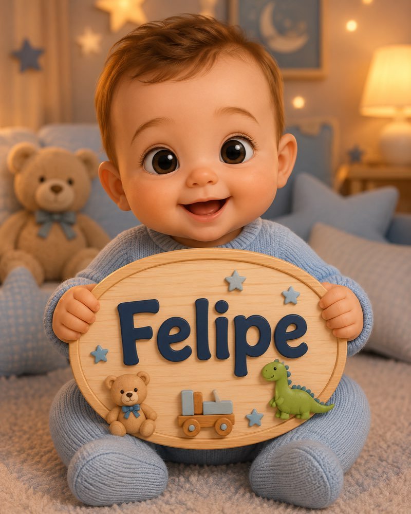 Ilustração de bebê segurando plaquinha com o nome Felipe