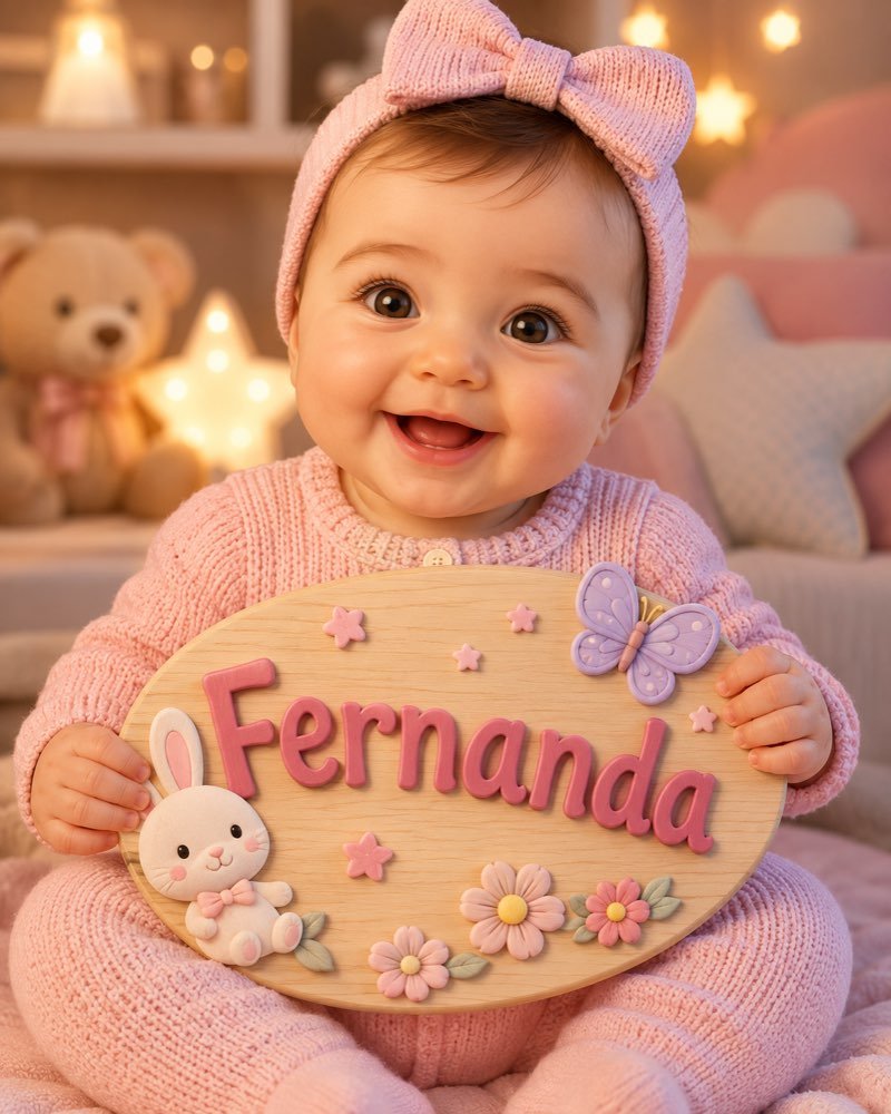 Ilustração de bebê segurando plaquinha com o nome Fernanda