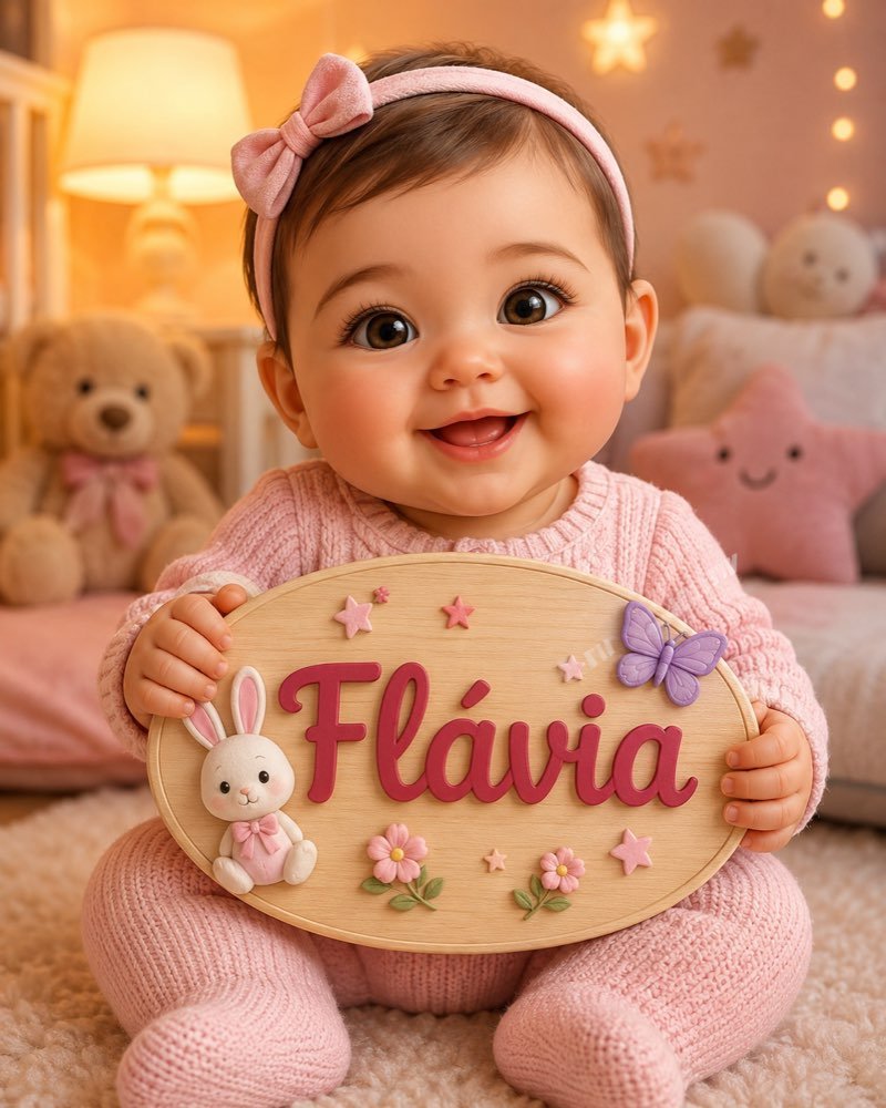 Ilustração de bebê segurando plaquinha com o nome Flávia
