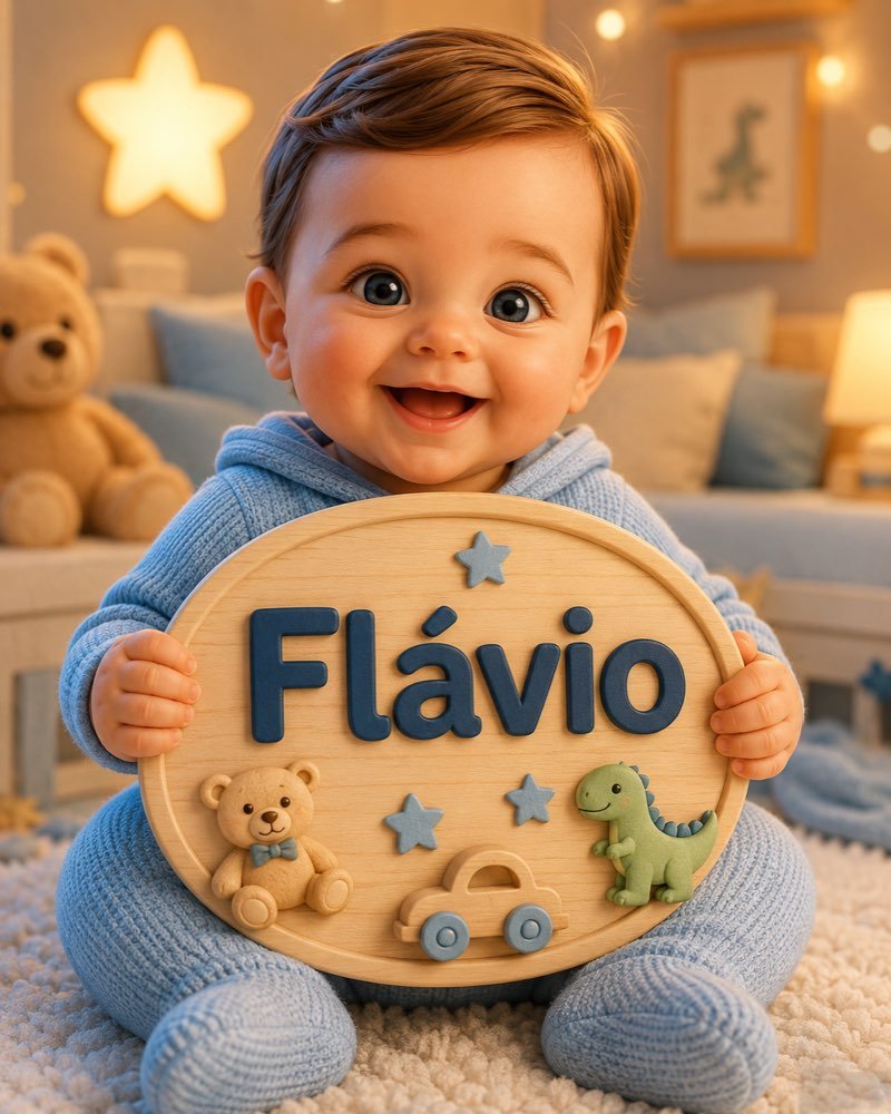 Ilustração de bebê segurando plaquinha com o nome Flávio