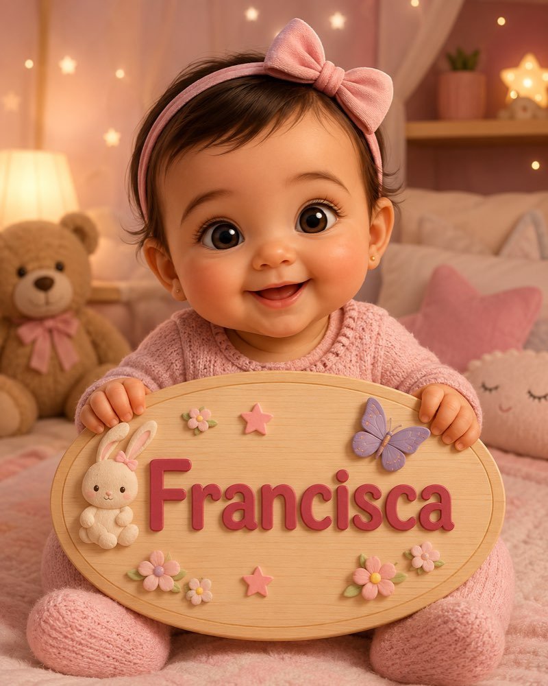 Ilustração de bebê segurando plaquinha com o nome Francisca