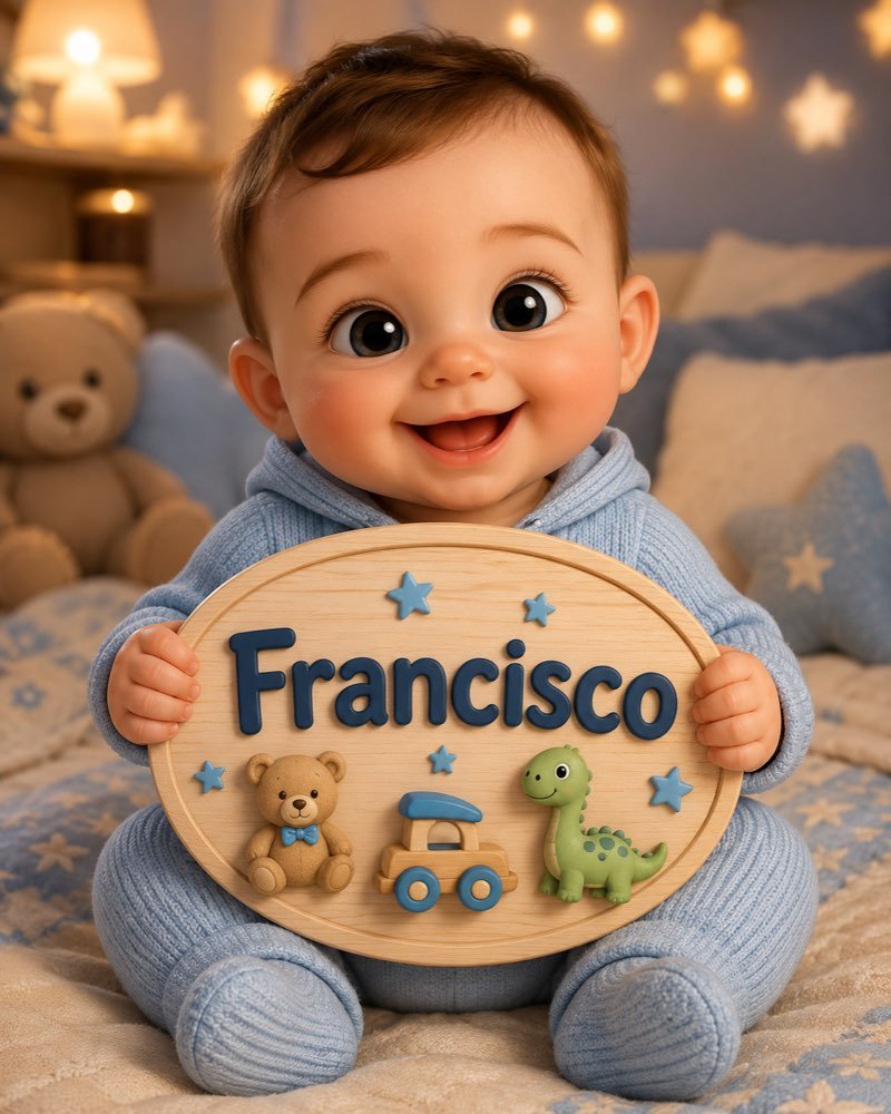 Ilustração de bebê segurando plaquinha com o nome Francisco