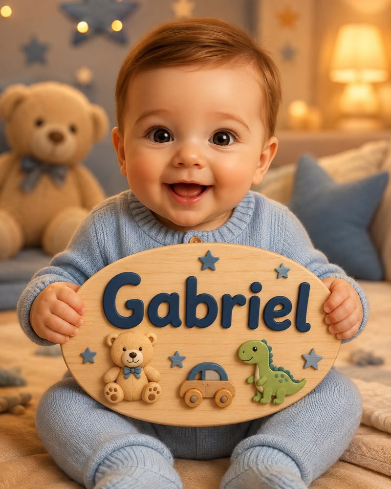 Ilustração de bebê segurando plaquinha com o nome Gabriel