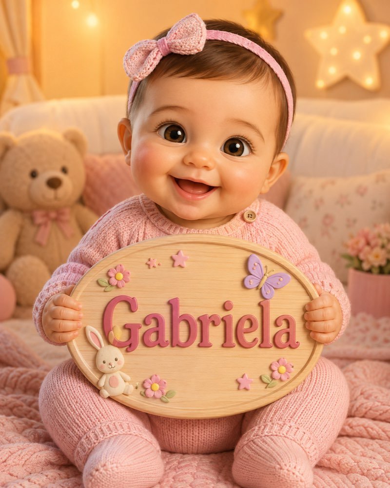 Ilustração de bebê segurando plaquinha com o nome Gabriela