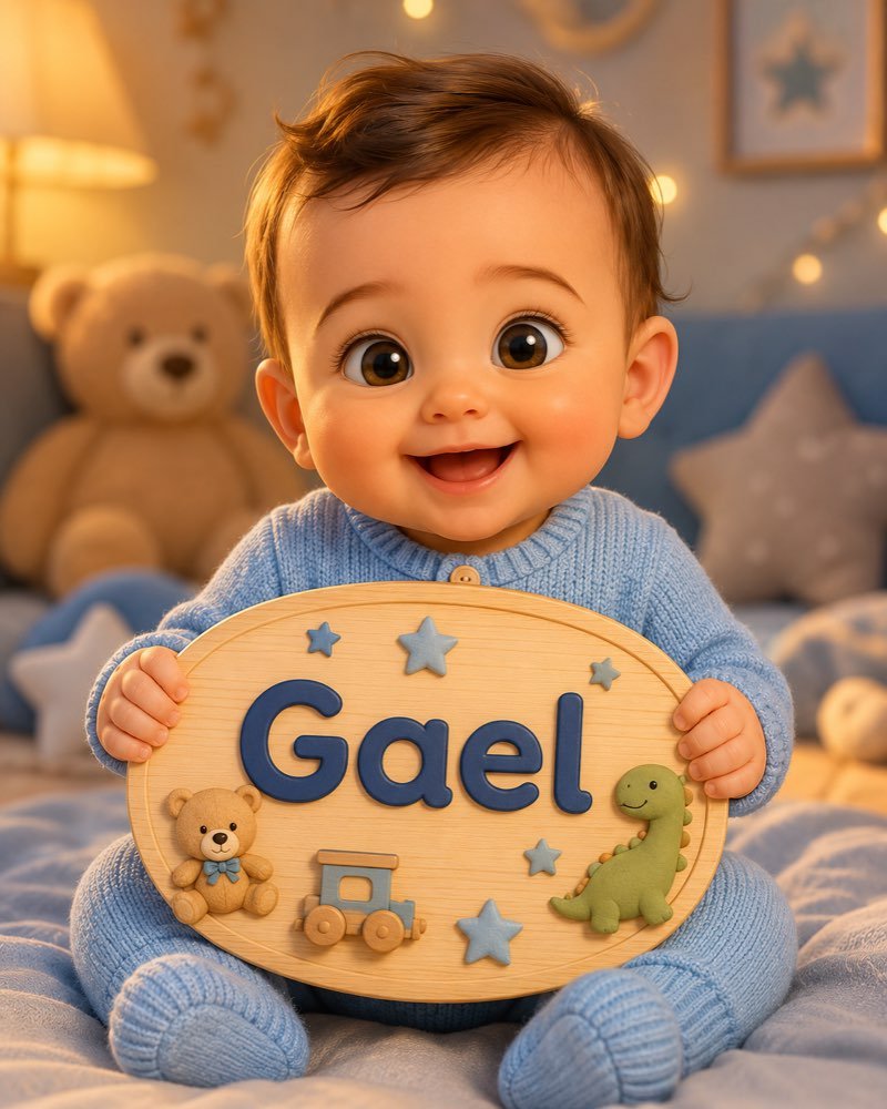 Ilustração de bebê segurando plaquinha com o nome Gael