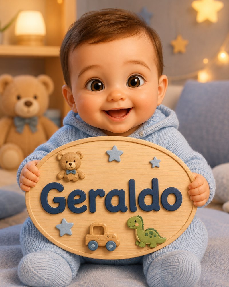Ilustração de bebê segurando plaquinha com o nome Geraldo