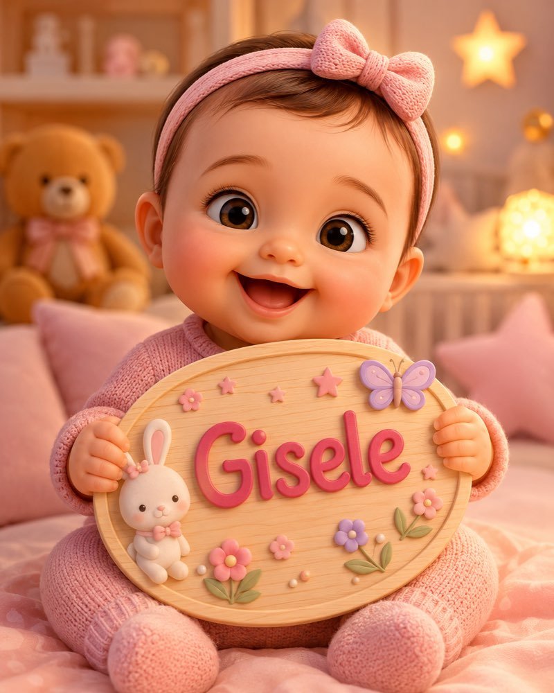 Ilustração de bebê segurando plaquinha com o nome Gisele