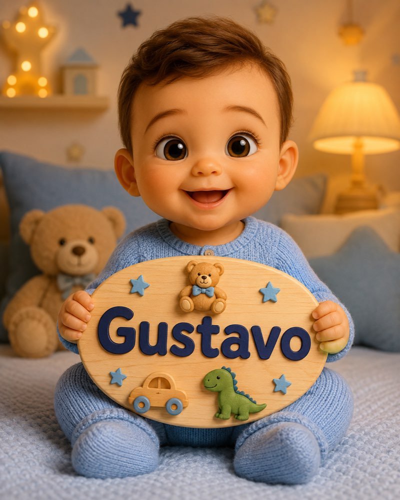 Ilustração de bebê segurando plaquinha com o nome Gustavo