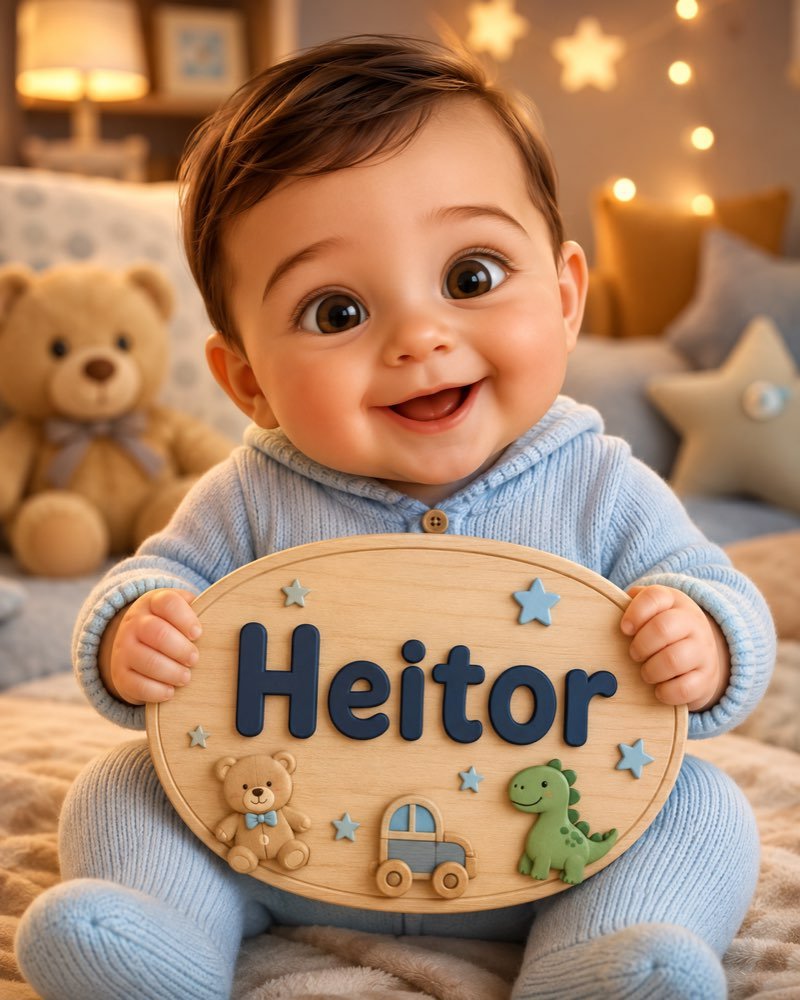 Ilustração de bebê segurando plaquinha com o nome Heitor