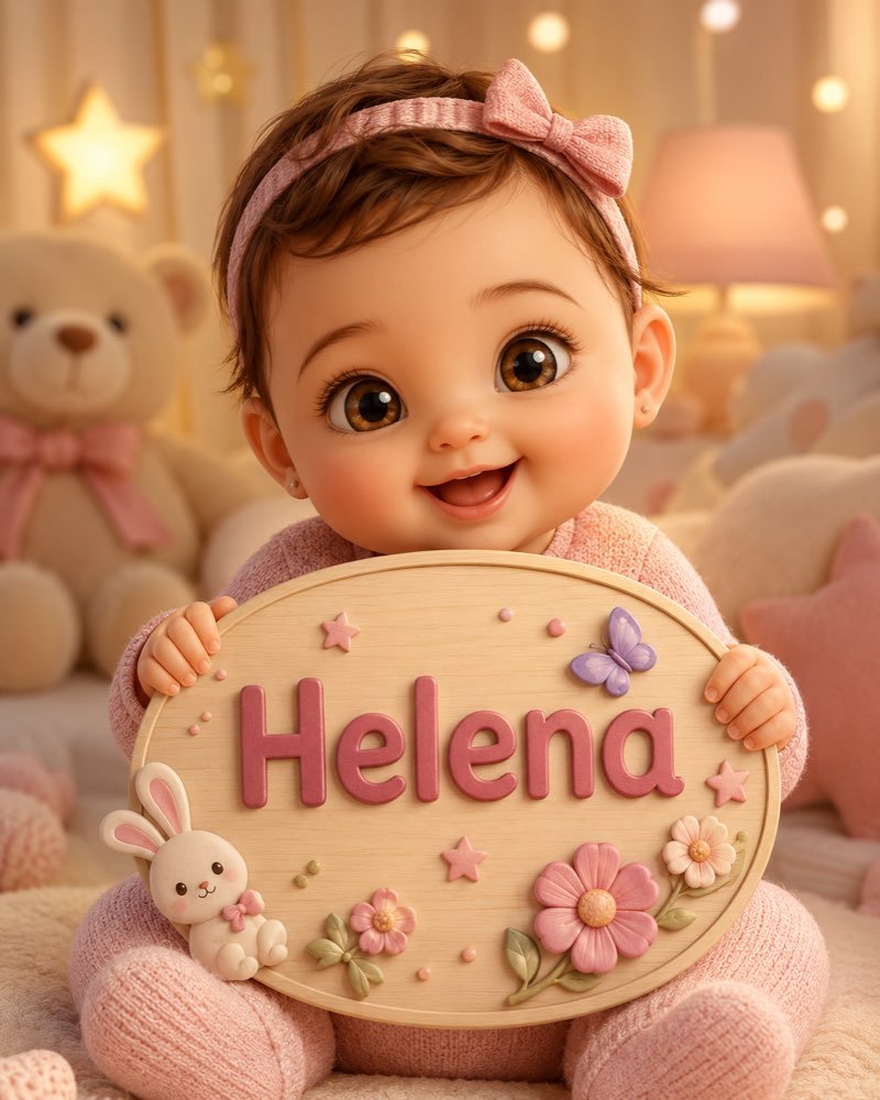 Ilustração de bebê segurando plaquinha com o nome Helena
