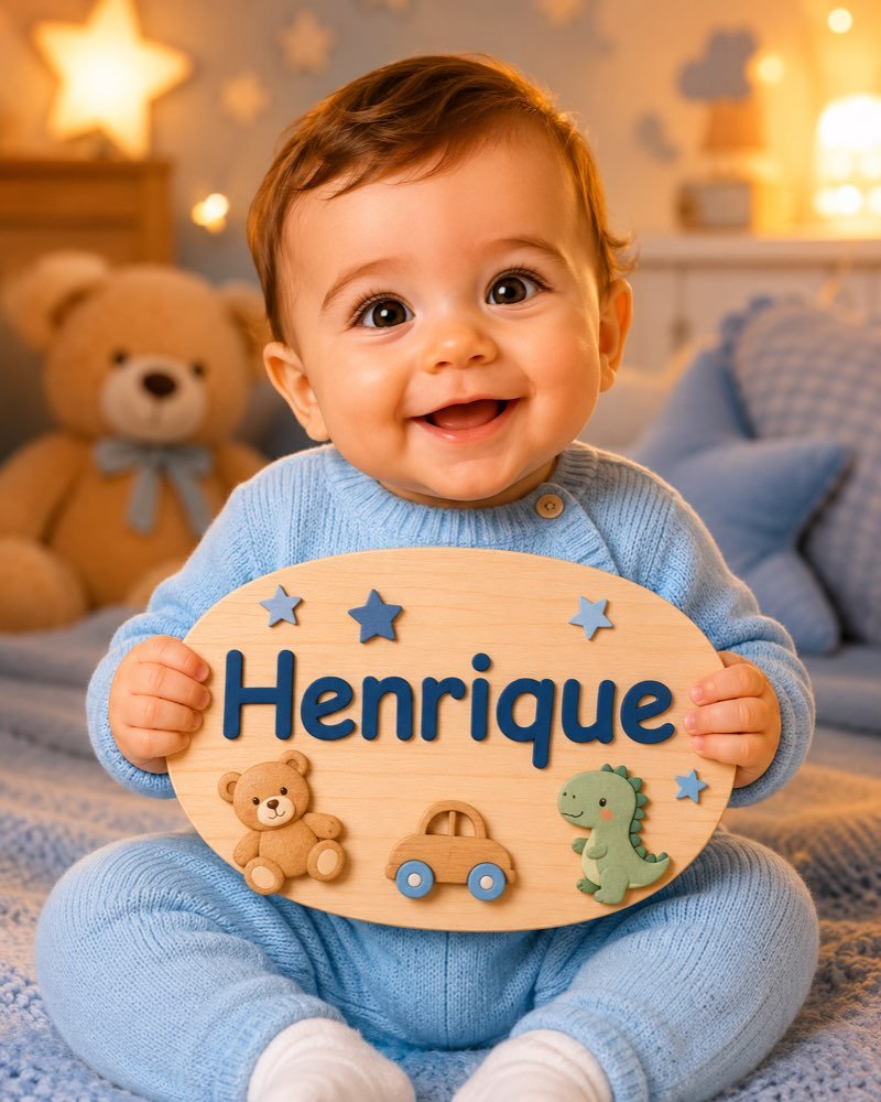 Ilustração de bebê segurando plaquinha com o nome Henrique