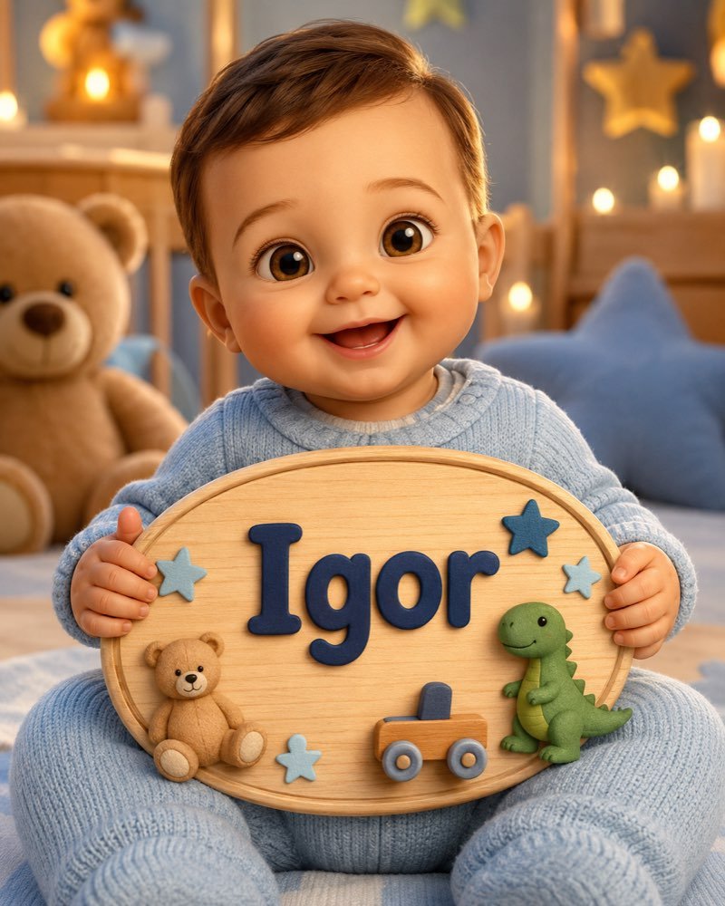 Ilustração de bebê segurando plaquinha com o nome Igor