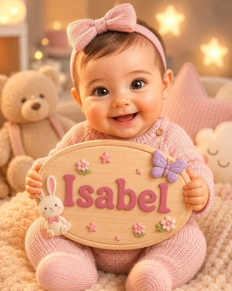 Ilustração de bebê segurando plaquinha com o nome Isabel