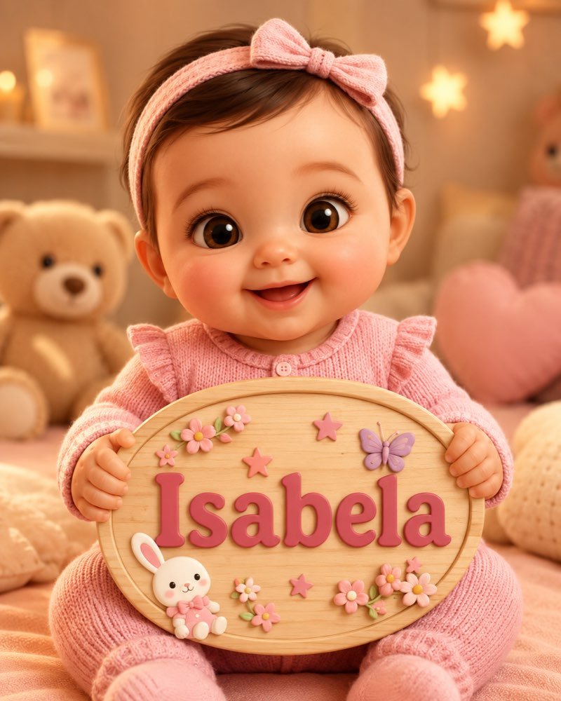 Ilustração de bebê segurando plaquinha com o nome Isabela