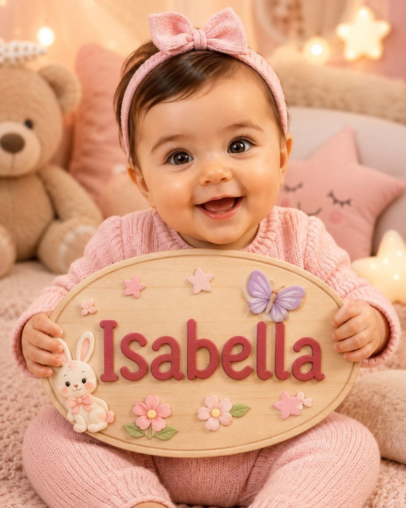 Ilustração de bebê segurando plaquinha com o nome Isabella