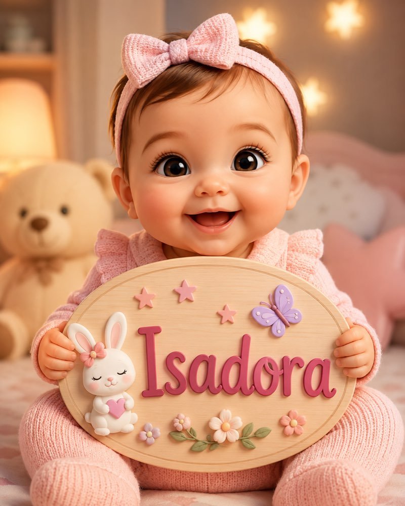 Ilustração de bebê segurando plaquinha com o nome Isadora