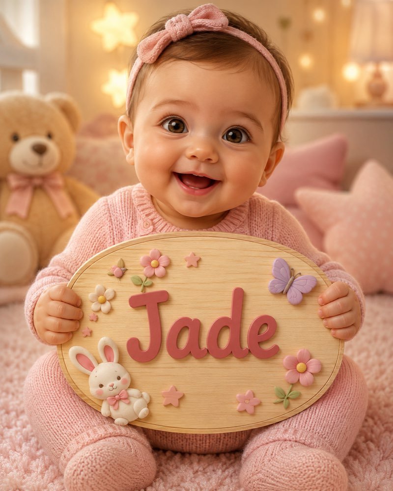 Ilustração de bebê segurando plaquinha com o nome Jade