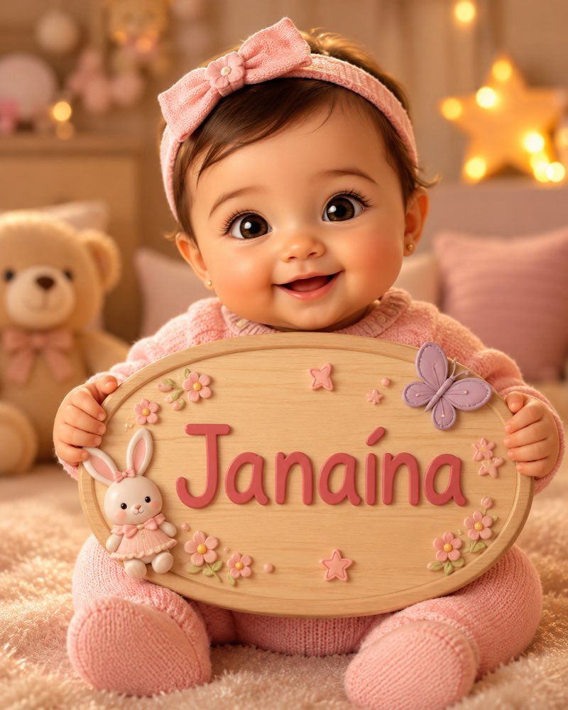 Ilustração de bebê segurando plaquinha com o nome Janaína