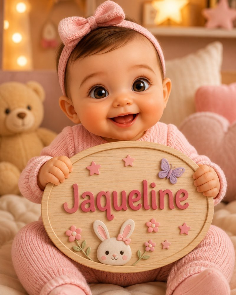 Ilustração de bebê segurando plaquinha com o nome Jaqueline