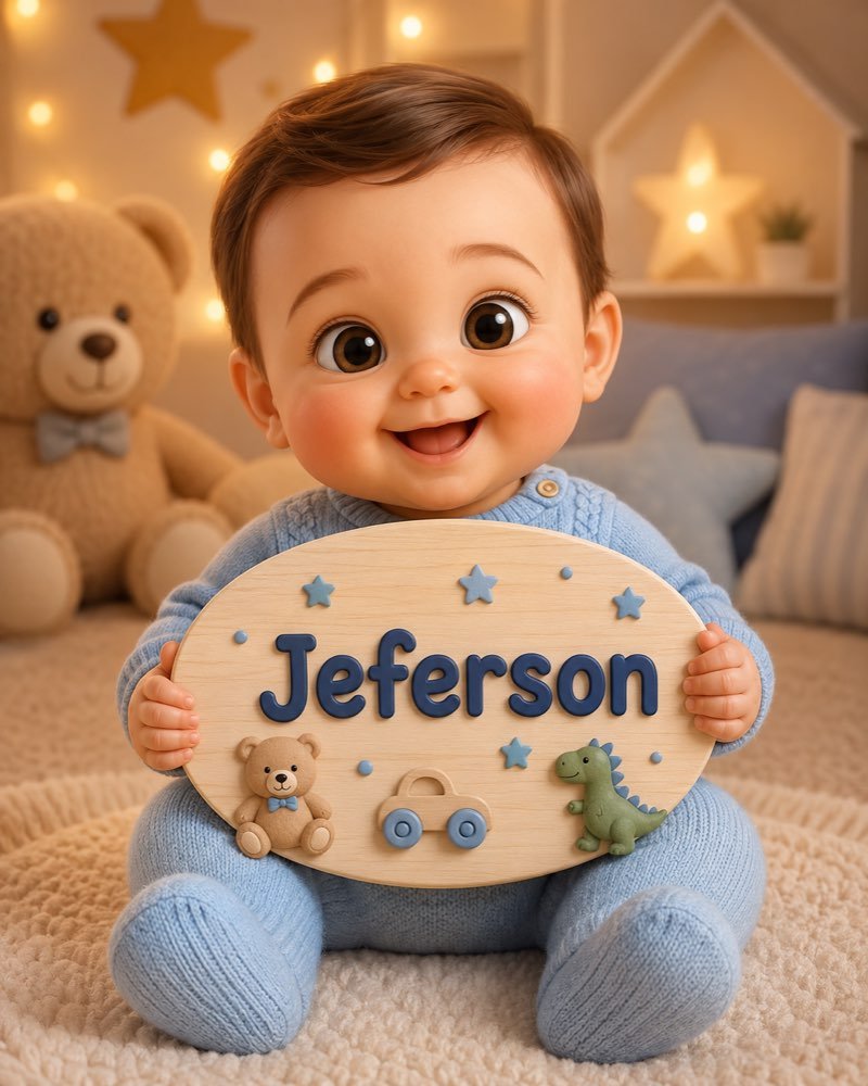 Ilustração de bebê segurando plaquinha com o nome Jeferson
