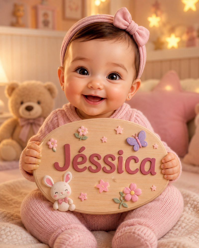 Ilustração de bebê segurando plaquinha com o nome Jéssica