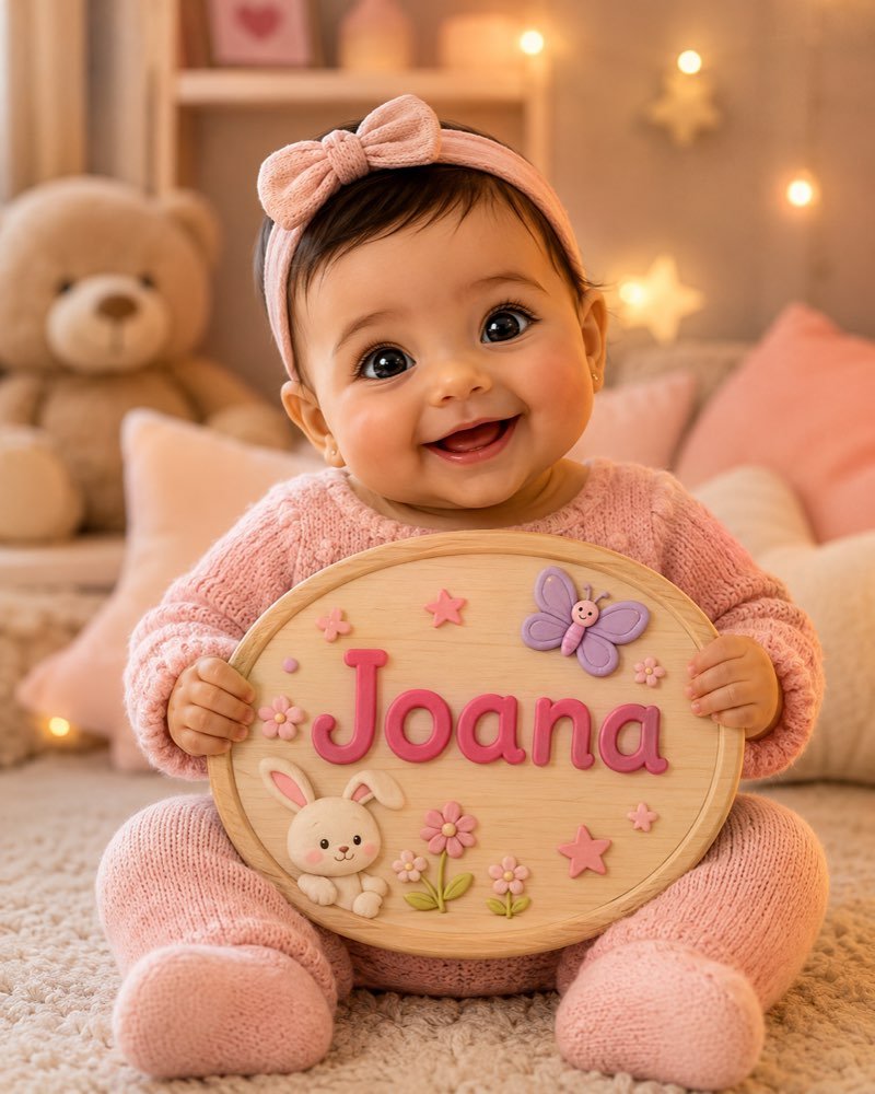 Ilustração de bebê segurando plaquinha com o nome Joana
