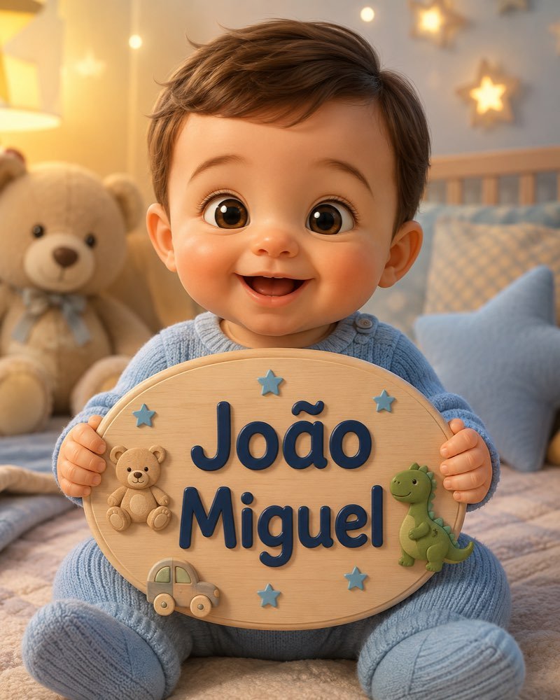 Ilustração de bebê segurando plaquinha com o nome João Miguel